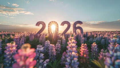 2026 zero waste new year concept. A vibrant field of flowers with the year 2026 at sunset.