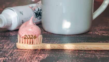 2026 zero waste new year concept. Cupcake with 2026 decoration beside a white mug and a tube of paint.