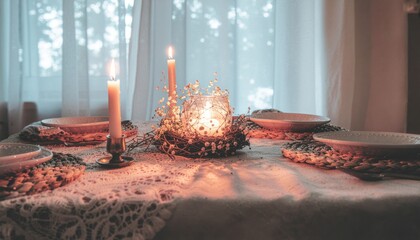 2026 zero waste new year concept. Cozy dinner table with candles and lace tablecloth.