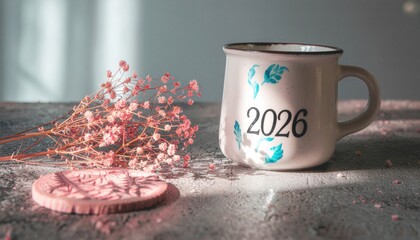 2026 zero waste new year concept. Ceramic mug with floral design and 2026, alongside dried flowers.