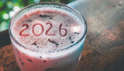 2026 zero waste new year concept. Frothy drink in a glass with the year 2026 etched on it.