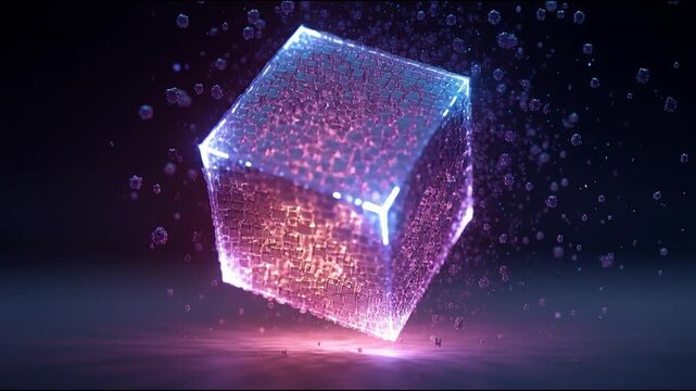 Glowing cube digital cube neon light holographic abstract 3D render futuristic cyberpunk luminous particles, glowing cube neon light digital art 3D render futuristic abstract holographic pixel