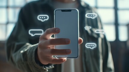 Digital Dialogue: A person, holding a smartphone with an interface displaying a flurry of message bubbles, communicates seamlessly in the digital realm.