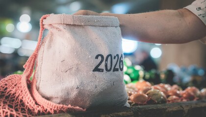 2026 zero waste new year concept. Textile bag with the year 2020 displayed prominently.