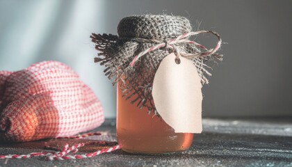 2026 zero waste new year concept. Homemade jar of preserves with rustic decoration and twine.