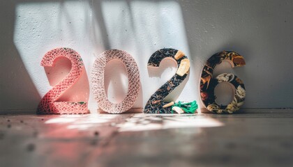 2026 zero waste new year concept. Decorative numbers representing the year 2026 on a textured surface.