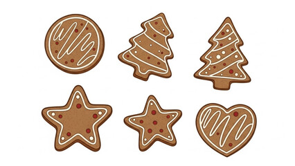 Festive gingerbread cookies with icing details: Christmas tree, star, heart, and circle shapes evoke holiday cheer, baking traditions, and sweet indulgence