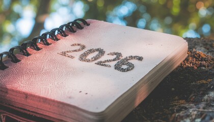 2026 zero waste new year concept. Open notebook with the year 2026 written on a natural background.