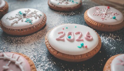 2026 zero waste new year concept. Decorated cookies with festive designs for a celebration.