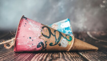 2026 zero waste new year concept. Used party hats on a wooden surface with a blurred background.
