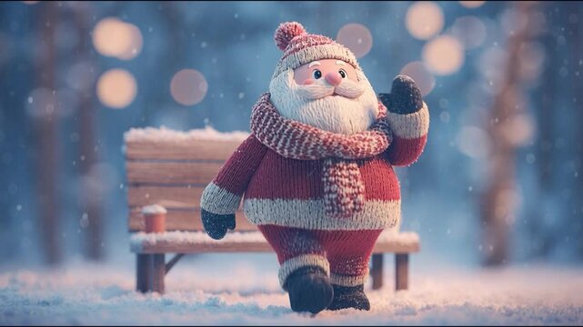Cozy winter santa knitted toy on snow bench with scarf mitten hat and hot cocoa, gentle snowfall and soft bokeh lights in snowy park, peaceful evening holiday cheer warming hearts with festive glow