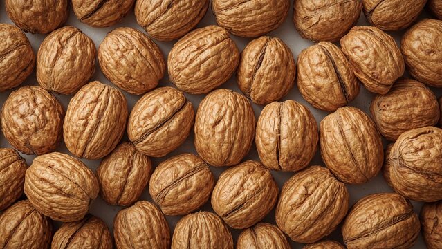 Close-up of whole walnuts with textured shells, densely packed together.