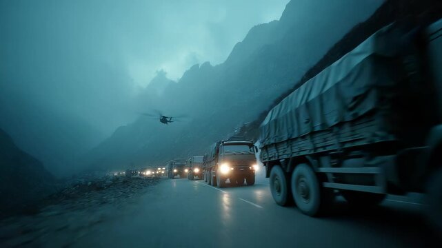 Military Convoy Moving Through Mountainous Terrain with Helicopter Support, Under Foggy Conditions, Indicative of a Mission or Exercise.