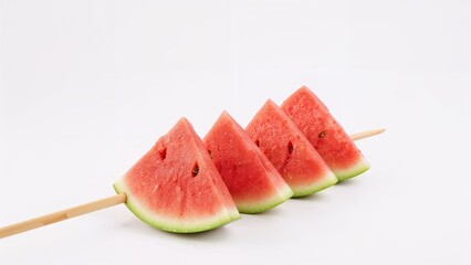 Slices of watermelon on a skewer arranged in a row with a plain white background.