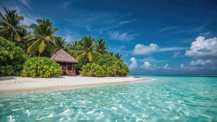Naklejka premium Tropical beach with palm trees, a hut, clear turquoise water, and a blue sky with clouds. Island paradise scene.