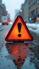 Vivid icy road with warning sign near slick urban street and thin layer of ice on asphalt