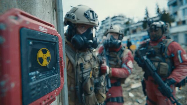 Radiation Detection Team Inspecting Contaminated Zone: Hazardous Materials Cleanup with Military Personnel Monitoring Radiation Levels Post-Disaster