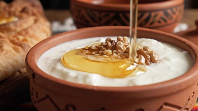 Delicious Georgian Cuisine Khachapuri Adjaruli with Cheese and Egg Yolk Served with Matsoni Yogurt Topped with Honey and Walnuts in a Rustic Setting.