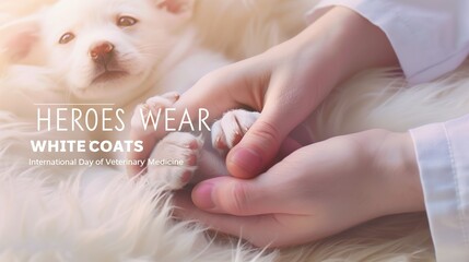 Wide banner design, veterinarian hands gently holding puppy paws in foreground, heartwarming close-up shot, text overlay "HEROES WEAR WHITE COATS"