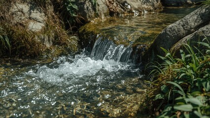 Fototapeta premium A small stream with water flowing over rocks surrounded by greenery and natural elements.