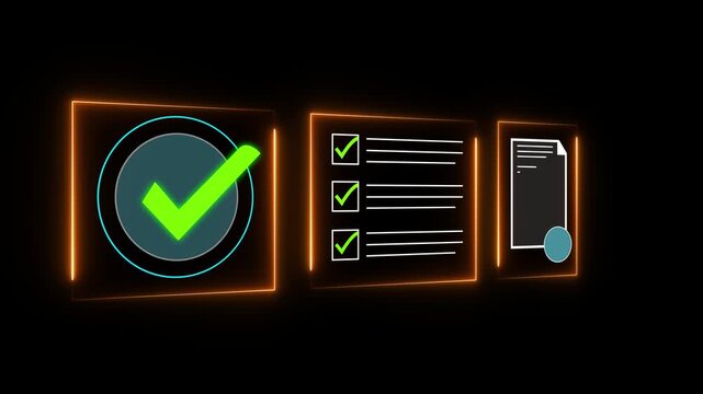 Digital checklists for business certification and quality assurance. Streamline verification processes with performance audits and check document process . 4k animated motion.