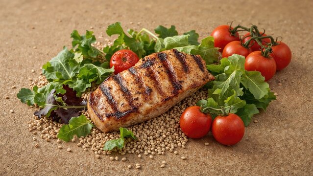 Grilled meat with cherry tomatoes and fresh greens on a rustic surface.
