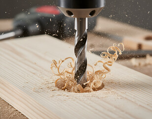 Power drill in action, creating a precise hole in a wooden plank, with flying wood shavings and a workshop environment showcasing craftsmanship and attention to detail