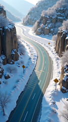 Cinematic icy road with warning sign along winding mountain lane covered in ice under soft winter sunlight