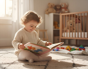 Young child with curly hair, sitting on soft carpet, reading colorful picture book in cozy nursery, surrounded by toys and warm sunlight, fostering early literacy and imagination