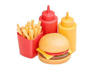 3D Fast food combo with Hamburger, French fries and sauce bottles. American street meal. Ketchup and mustard dip. Burger menu. Cartoon creative design icon isolated on white background. 3D Rendering
