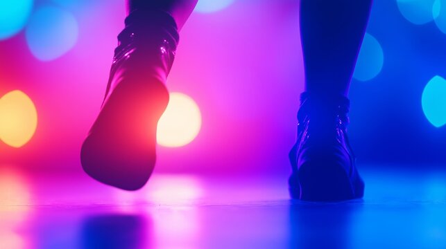 A person's silhouette dancing on a reflective floor. Nightclub party with vibrant pink and blue neon lights. Abstract nightlife background - Powered by Adobe