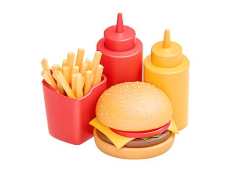 3D Fast food combo with Hamburger, French fries and sauce bottles. American street meal. Ketchup and mustard dip. Burger menu. Cartoon creative design icon isolated on white background. 3D Rendering