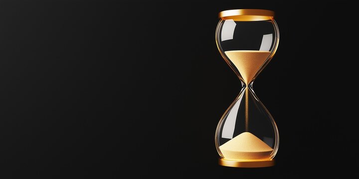 A golden hourglass with sand flowing on a black background. Concept of time passing, deadlines, and countdowns with copy space