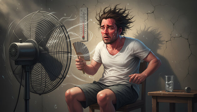 Frustrated man sitting on chair, sweating profusely while fanning himself with hand, in front of electric fan, depicting struggle against heat in a cramped room