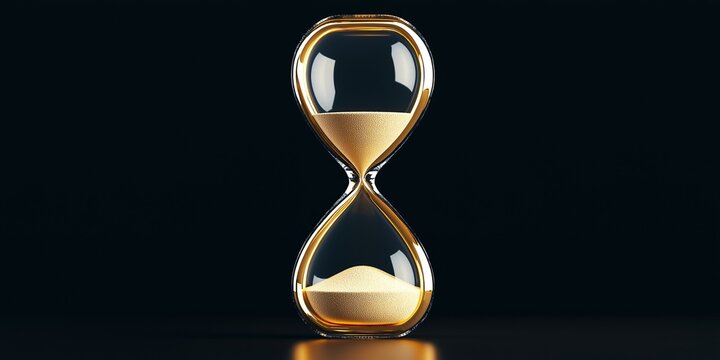 Golden hourglass with flowing sand against a black background. Time passing, countdown, and deadline concept