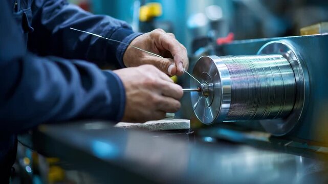 Medium shot of technician examining wire diameter using optical gauge in bright industrial setting for quality control.