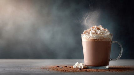 Rich hot chocolate in glass mug with frothy topping and marshmallows, subtle steam rising. Elegant winter beverage scene