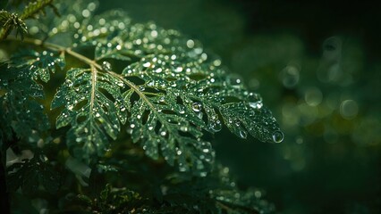 Close-up of fern leaves with water droplets, lush green foliage, nature, freshness, wet leaves.