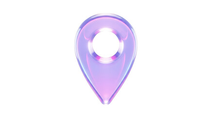 Sleek 3D rendering of a translucent iridescent map pin, a futuristic symbol for GPS navigation, location, and destination on a white background