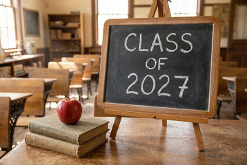 Class of 2027 written on chalkboard in vintage classroom