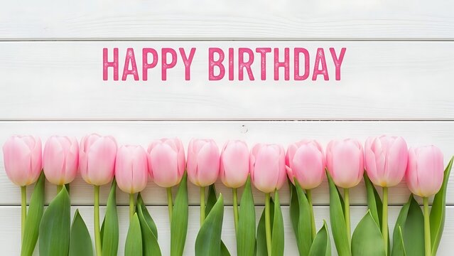 Pink tulips and happy birthday message on white wood background