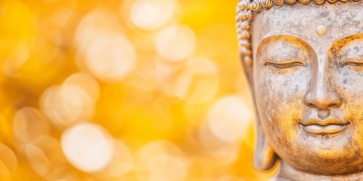 Serene face of a golden Buddha statue in meditation. Spiritual zen background with yellow bokeh for mindfulness and relaxation