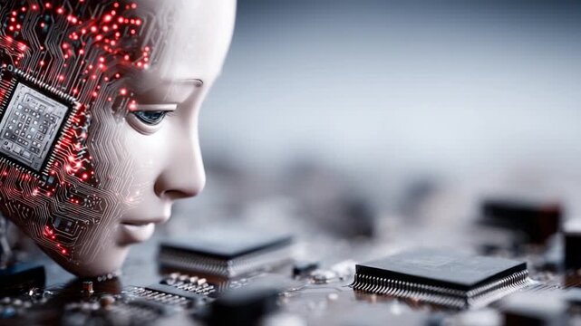 AI Visionary: The image showcases a humanoid android head set against an intricate circuit board background, its face reflecting a sense of artificial intelligence potential.
