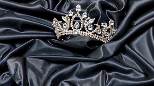 A sparkling tiara showcased on soft, dark fabric emphasizes intricate details and artistry in adornment