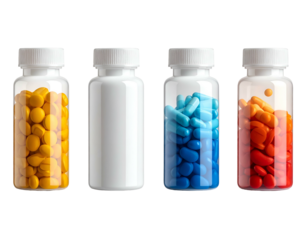Pill bottles with colorful capsules on black background