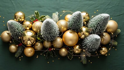 Festive christmas arrangement featuring golden ornaments and miniature snowy trees on green