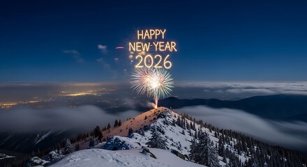 Happy New Year 2026 fireworks celebration over a snowy mountain peak at night