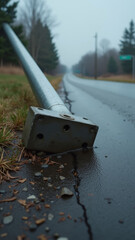Detailed fallen signpost in storm close up of metal post on roadside with broken concrete base and wet asphalt