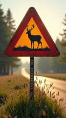 Vivid deer warning triangle on rural road with tall grass and soft morning sunlight