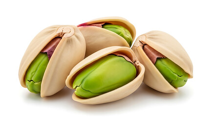 Pistachio nuts arranged on white background showcasing the green nut with shell